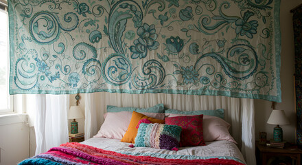 Hand Embroidered Tapestry Over a Bohemian Bed Canopy with Colorful Accents