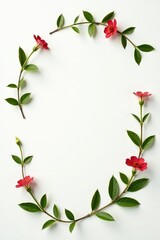 Fototapeta premium A few isolated branches with leaves and flowers scattered around white surface, flower, botanical, green