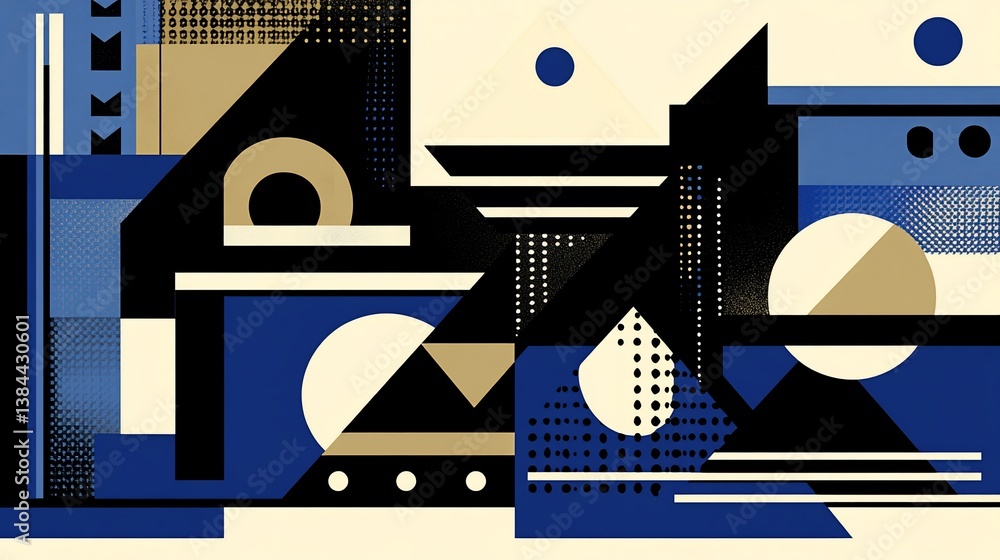 Poster dynamic composition with geometric forms and halftone textures in rich colors