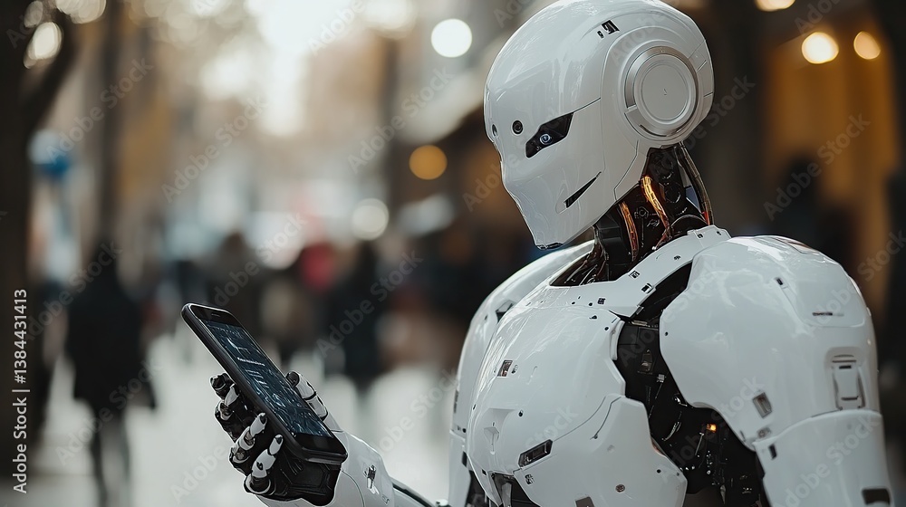 Aufkleber futuristic robot interacting with a smartphone in a city setting. advanced robotic arm and head, foc
