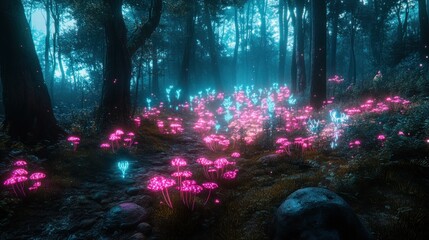 Fototapeta premium Neon Forest Fungi Glow Path