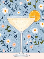 Stylish cocktail in martini glass with orange slice, set against blue floral pattern background. Perfect for wallpaper, poster, banner, showcasing drink, flower, decorative elements.