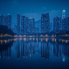 A modern city skyline at night with lights reflecting on a body of water, showcasing skyscrapers