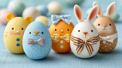 Adorable animal-shaped Easter eggs adorned with bows sit cheerfully on a soft pastel backdrop, celebrating the arrival of spring with vibrant colors and playful charm.