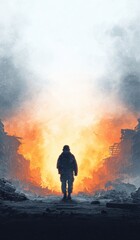 Obraz premium Dramatic image of a person walking through flames, portraying strength and courage in extreme situations