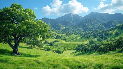 Obraz premium Lush valley landscape with mountains and trees
