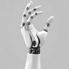 A futuristic white mechanical hand showing a thumbs up gesture