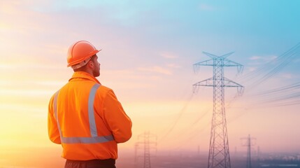 Electrical Engineer at Dusk: A skilled engineer stands confidently, gazing towards a network of towering electricity pylons against a stunning sunset backdrop, ready to inspect.