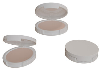 Compact face powder in white cases.  Three views of the product
