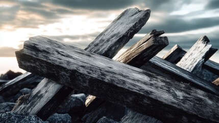 Weathered Wooden Planks on Rocky Shore at Sunset with Dramatic Cloudy Sky Above