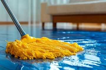 Yellow Mop Cleaning Blue Floor in Home.