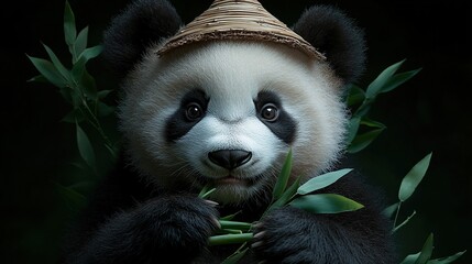 Obraz premium Adorable panda cub wearing a straw hat, enjoying bamboo
