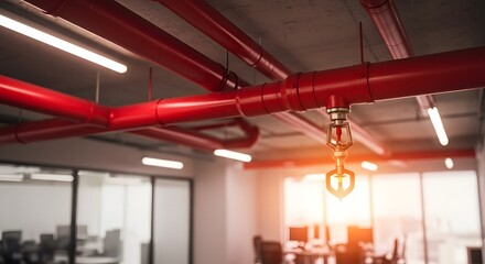 Ceiling fire sprinkler system. Red pipes, modern office. Ensures rapid fire suppression. Promotes a safe workplace. Safety first!