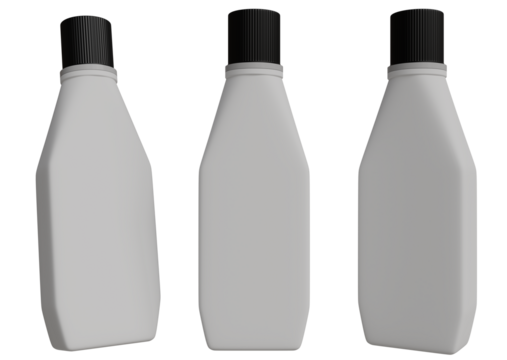 Three blank, light gray plastic bottles with black caps,  a unique, angular shape
