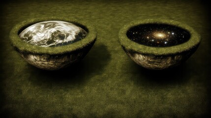 Two bowls contain earth and space imagery inside