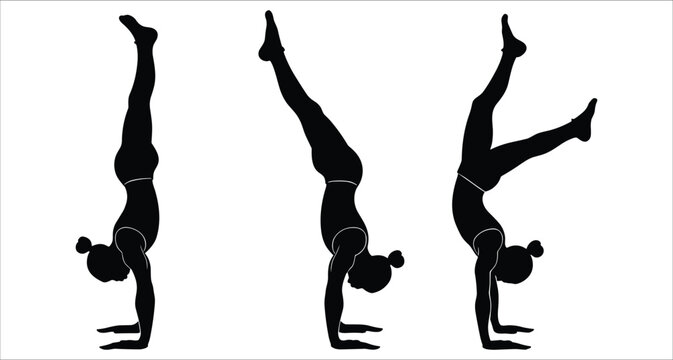 Three people performing handstands in different poses silhouettes vector art. Set of gymnasts balancing on hands silhouette vector design. Black silhouettes of three people in handstand positions