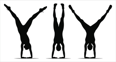 Three people performing handstands in different poses silhouettes vector art. Set of gymnasts balancing on hands silhouette vector design. Black silhouettes of three people in handstand positions