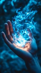 A human hand conjures a mystical blue flame agai
