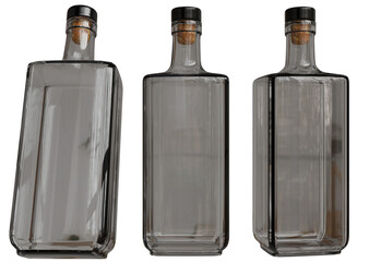 Three clear glass rectangular bottles with black metal detailing and cork stoppers