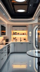 Futuristic white kitchen with modern lighting