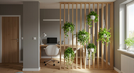 Cozy Home Office With Room Divider Decorated With Hanging Plants