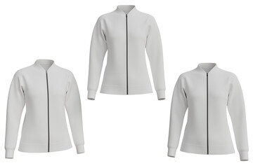 Three plain white zip-up jackets