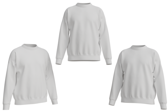 Three blank white crewneck sweatshirts