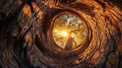 Hollow tree cathedral, golden rays shining through ancient bark, a fisheye perspective capturing the immense space