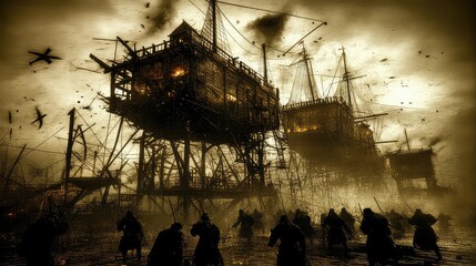 Warriors attack large wooden structures in stormy weather