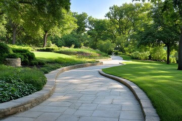 Obraz premium Winding stone path going through a luxurious green park during a beautiful summer day