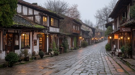 Charming, historic street lined with traditional buildings, lit by warm lights