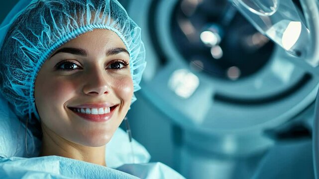 Smiling patient preparing for surgery in a modern operating room with advanced medical equipment
