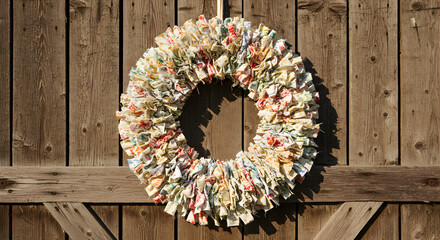 Handmade Rag Wreath Hanging On A Weathered Barn Door Festive Decoration