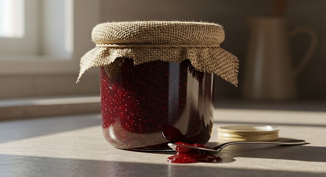 Homemade Raspberry Jam in Glass Jar with Spoon on Countertop