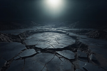 Cracked Planet Surface, Dark Desolate Landscape, Alien World, Sunlit Fissures, Gloomy Atmosphere, Ro
