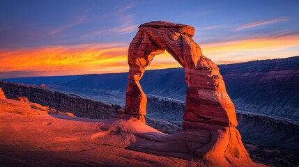 Iconic rock arch formation illuminated by swirling golden light trails, balanced symmetry in deep twilight hues