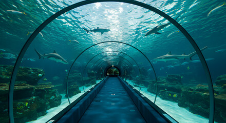 Magnificent Sharks Swim In An Immersive Aquarium Glass Tunnel Experience