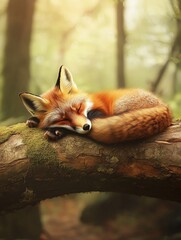 Naklejka premium A peaceful fox sleeping on a tree branch.