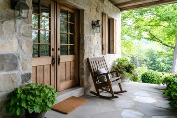 Rocking chair welcoming guests on a cozy stone patio of a luxury country house