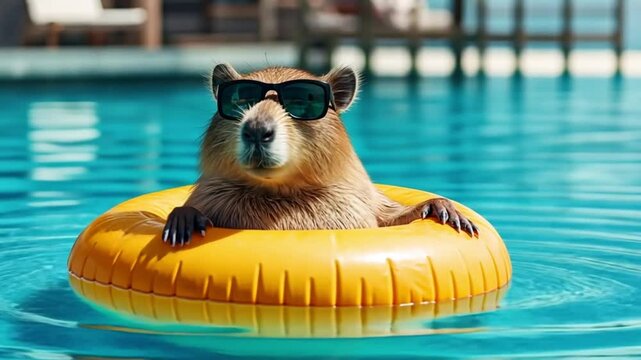 Capybara with sunglasses enjoys summer vacation in a blue swimming pool lying on a yellow inflatable ring