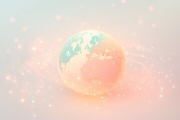 A pastel-colored Earth surrounded by sparkling light trails, suggesting global connection and digital networks.