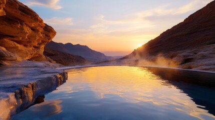 Infinity pool reflecting golden sunset light in a desert canyon
