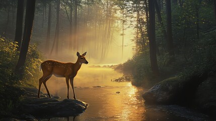A deer standing peacefully by a misty river.