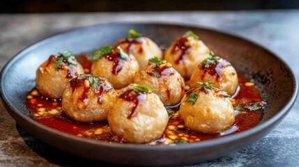 Delicious Spicy Dumplings Served in Tangy Sauce with Fresh Herbs