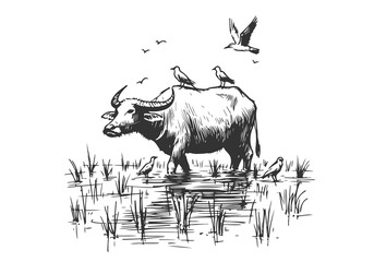 Water Buffalo hand drawn sketch vector illustration