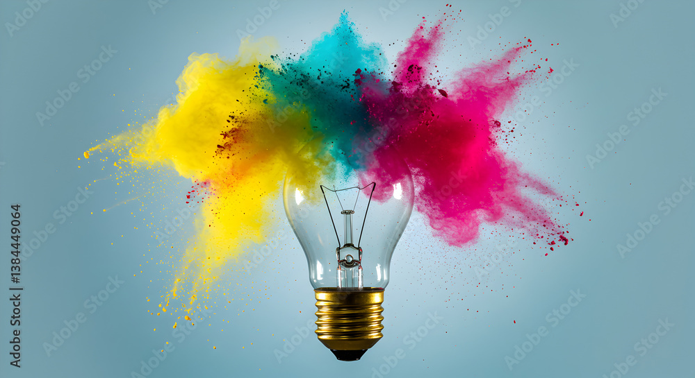 Poster lightbulb exploding with vibrant multicolor powders on light blue background