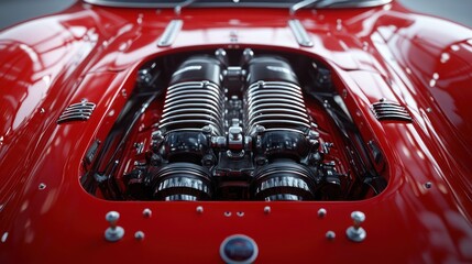 Obraz premium Close-up of a powerful, gleaming red sports car engine.