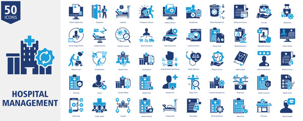 Hospital Management Icon Set duo tone Style with Patient Registration, Outpatient, Inpatient, Emergency Services, Medical Record, Receptionist, Waste Management, Billing and Finance, First Aid
