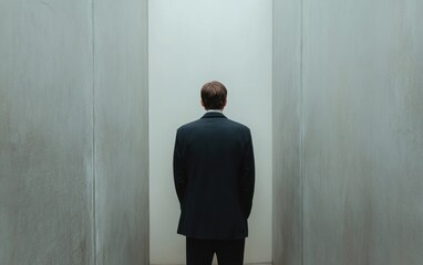Obraz premium Man in Dark Suit Between Grey Concrete Walls