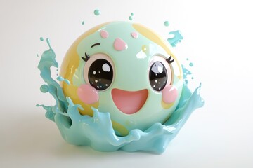 A cute, cartoonish sphere with a happy face, splashed in light blue paint.